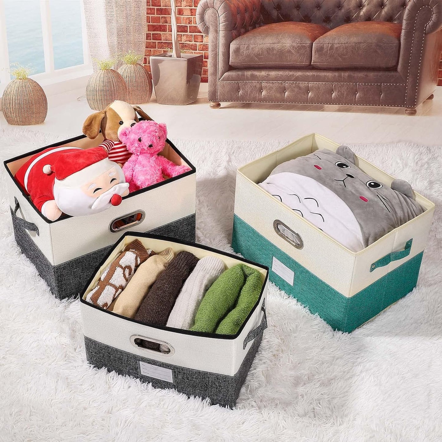 Large Linen Fabric Foldable Storage Bins with Removable Lid and Handles, Washable Storage Box Organizer Containers Baskets Cube with Cover for Bedroom,Closet,Office,Nursery(Grey&Cream, Medium)