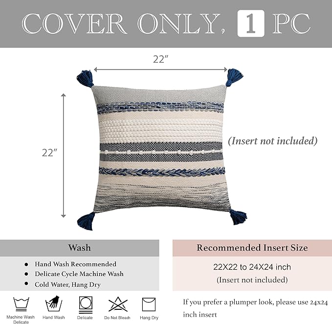 BlissBlush Navy Dark Blue Boho Throw Pillow Cover 22x22 Grey Decorative Accent Pillow for Couch Square Woven Textured Pillowcase Modern Boho Pillow for Bed, Bohemian Pillow Cover (Pack of 1)