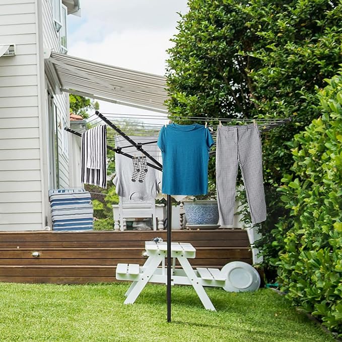 Nisorpa Rotary Outdoor Umbrella Drying Rack Adjustable Height Clothesline w/Waterproof Protective Cover Folding Rotary Dryer with 4-Aluminum Arms and Steel Post 12-Lines with 165 ft Clothesline