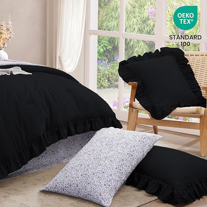 King Comforter Set - 7 Pieces Ruffle Black Bedding Sets, Shabby Chic Farmhouse Bed in a Bag King with Ruffle Comforter, Floral Sheets, Pillowcases & Shams
