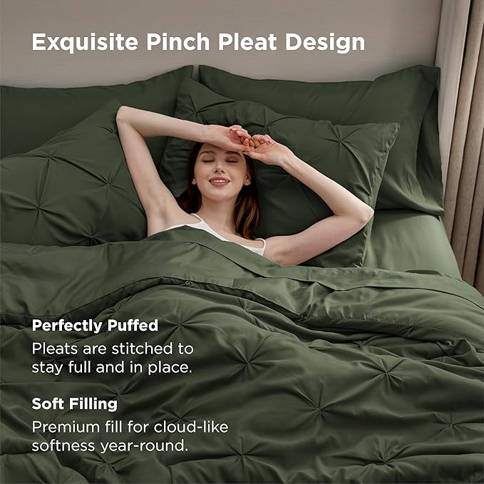 Bedsure Oversized Queen Comforter Set Olive Green - Bed in a Bag Bedding Set 7 PCS, GentleSoft™ Pintuck Bed Set Gift for Family, Pinch Pleat All Season Comforter with Sheets, Pillowcases & Shams