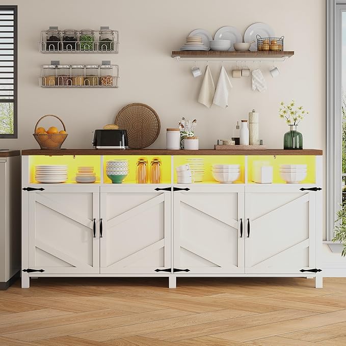 63'' Buffet Sideboard with Storage with Power Outlets & LED Light 4 Doors, Large Farmhouse Kitchen Storage Cabinet Wood Coffee Bar Cabinet Buffet Table for Kitchen, Dining Room, Entryway