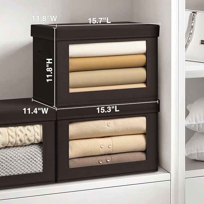Stackable Storage Bins with Lids - Large Storage Box with Lids, Foldable Closet Boxes for Organizing, Wardrobe Clothes Organizer with Window, Cubes Bins for Living Room, 4 Pack, Brown