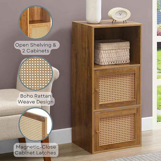 Convenience Concepts Xtra Storage Boho Weave 2 Door Cabinet 16.5" - Modern Storage Organizer with Shelf, 2 Cabinet Doors, for Living Room, Bathroom, Office, Den, Brown Autumn Haze/Beige Barley