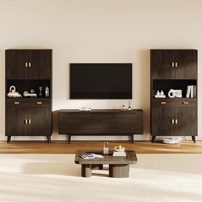 LIKIMIO 71.6" Tall Walnut Mid-Century Hutch Cabinet with Storage- 3 Adjustable Shelves, 2 Drawers, Multi-Room Pantry