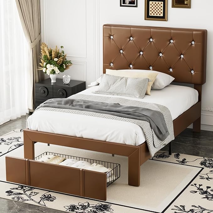 VECELO Twin Size Bed Frame with Storage Drawers, Leather Upholstered with Diamond Tufted Headboard, Solid Wood Slat Support, No Box Spring Needed, PU & Brown