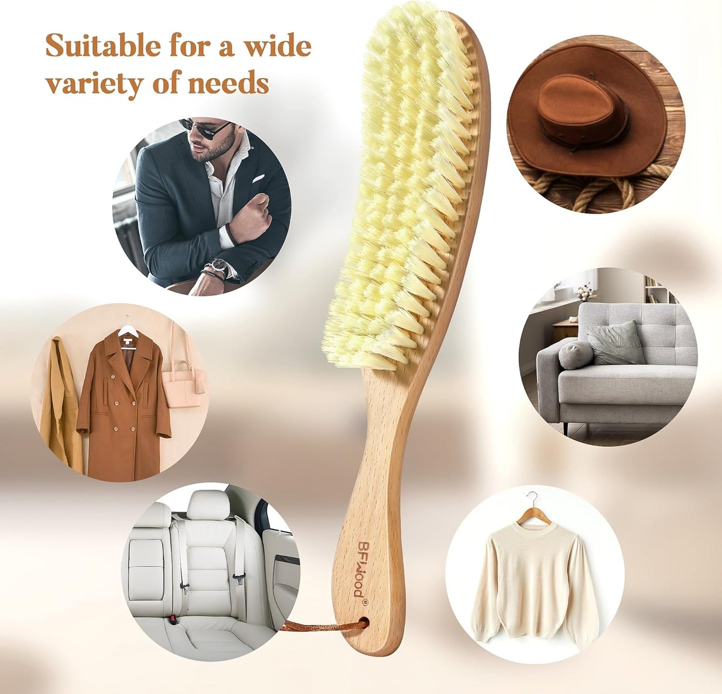 BFWood Clothes Brush - Bristle Lint Brush for Suits, Cashmere, Wool, Velvet, Suede and Pet Hair - Large Beech Wood Handle - Décor Diaries