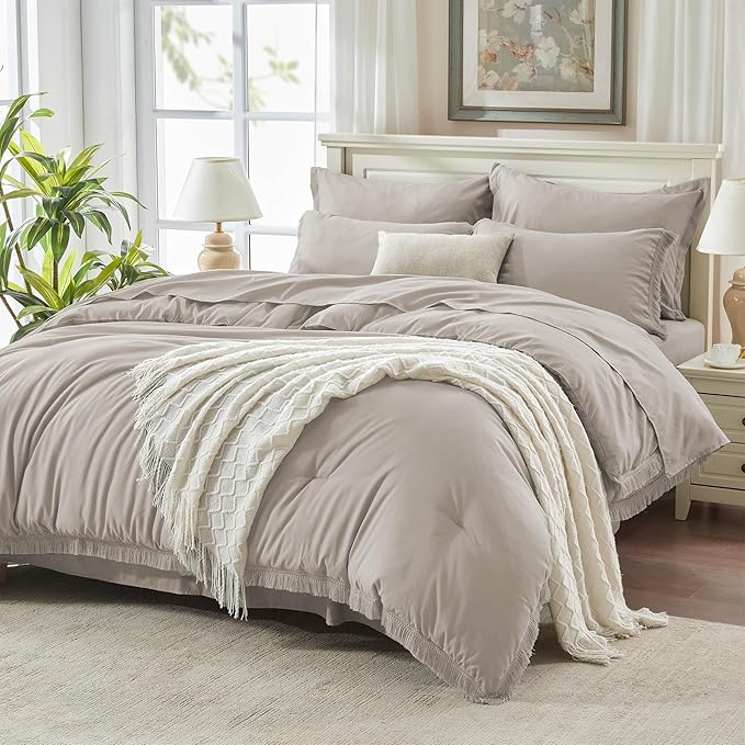 Andency Full Size Comforter Set Heather Grey -7 Pieces Boho Tassel Bed in a Bag Soft Lightweight Bedding Sets, Fringe All Season Bed Set with Comforter, Sheets, Pillowcases & Shams