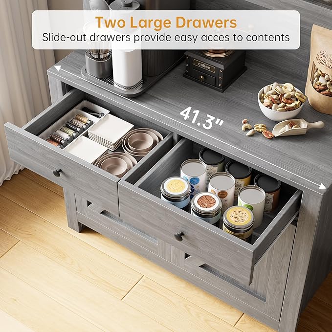 GarveeHome Farmhouse Pantry Cabinet, Kitchen Pantry Storage Cabinet with Microwave Stand, Rustic Buffet Sideboard with Sliding Door, Freestanding Cupboard with Shelves for Dining Room, Dark Grey