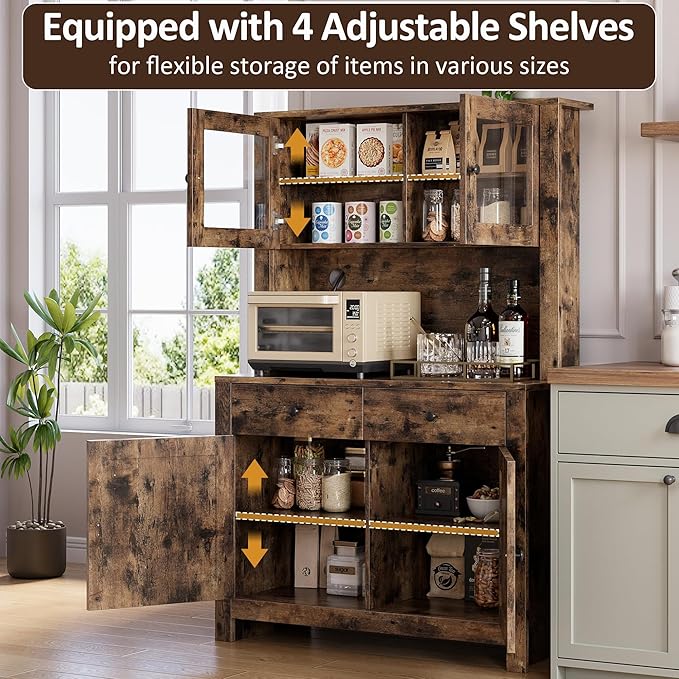 IDEALHOUSE 63" Kitchen Pantry Cabinet with Drawers, Hutch Cabinet with Storage, Microwave Stand, Adjustable Shelves, Freestanding Tall Pantry Storage for Dining Room, Living Room, Brown
