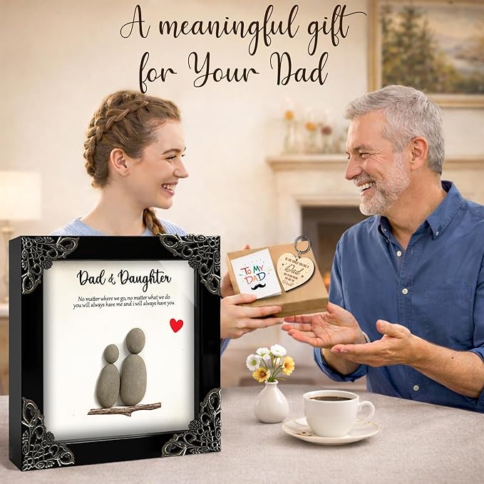 Dads Gifts from Daughter, 5.5" Pebble Art Frame Dad & Daughter Plaque, Engraved Daddy Keychain, Thank You Card, Best Dad Ever Gift Set, Fathers Day Present, Birthday Gift for Husband S199-55