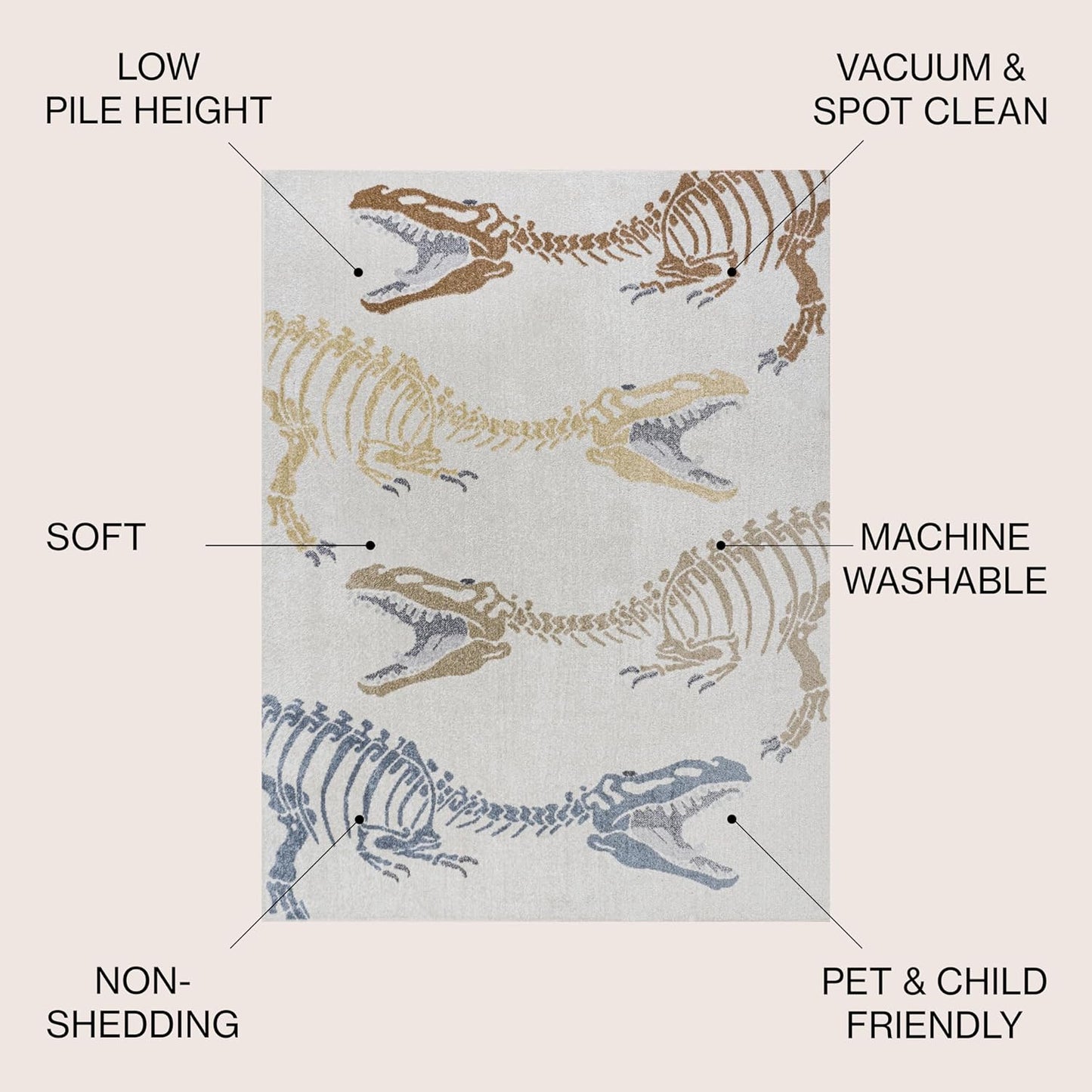 JONATHAN Y Machine-Washable Cream/Multi Indoor Area Rug, 4x6, Kingdarr T-Rex Modern, Casual, Kids & Novelty for Living Room, Dining Room, Bedroom, Kitchen Easy-Cleaning, Non-Shedding (KDW103A-4)