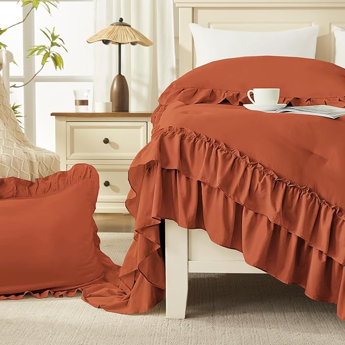 Andency Terracotta Queen Comforter Set (90x90Inch), 3 Pieces Lightweight Fluffy Ruffle Bedding Sets for Queen Bed, Farmhouse Shabby Chic Soft All Season Bed Set, Burnt Orange