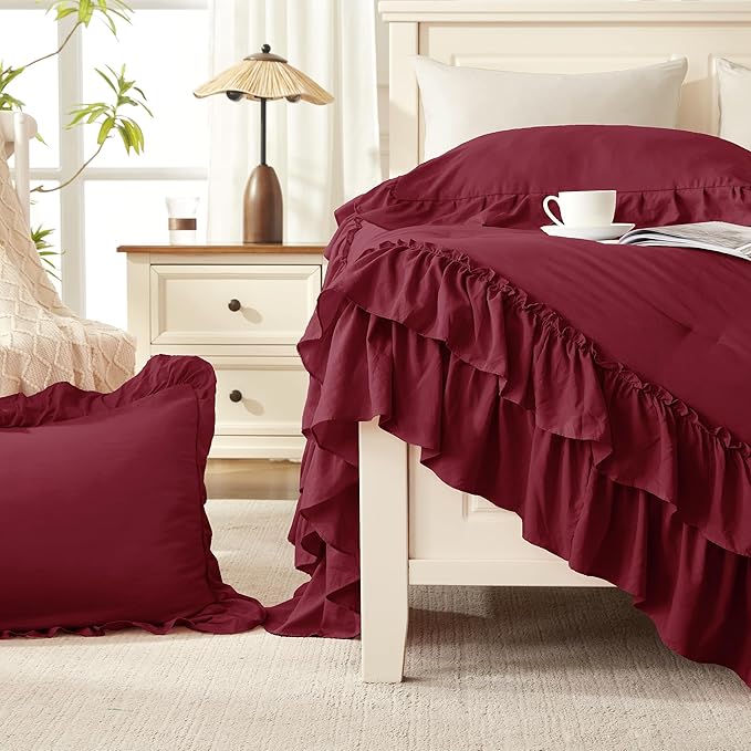 Andency Burgundy Ruffle Comforter Set Oversized King, Shabby Chic Farmhouse Bedding Set 3 Pieces, Lightweight Soft Bed Set 120x98 for Girls Women (1 Comforter 2 Pillowcases)