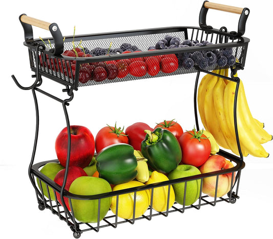 ANTOPY 2 Tier Fruit Basket with 2 Banana Hangers, Countertop Fruit Vegetable Basket Bowl for Kitchen Counter Metal Mesh Basket Fruits Stand Produce Holder Organizer for Onion Potato Bread Snack Veggie