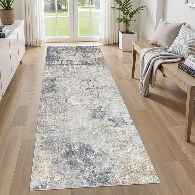 3X8 Washable Runner Rug for Hallway: Soft Neutral Modern Abstract Area Rug - Non-Slip Low Pile Long Throw Indoor Carpet for Kitchen Entryway Kitchen Bedroom Laundry Bathroom- Blue Grey