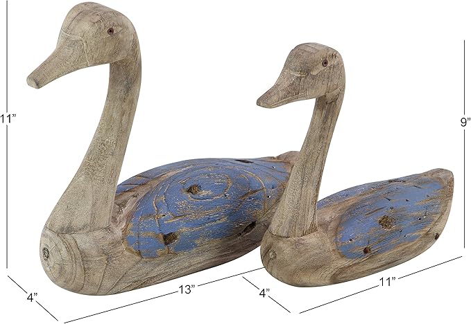 Deco 79 Wood Duck Decorative Sculpture Home Decor Statues, Set of 2 Accent Figurines 13", 11"W, Brown