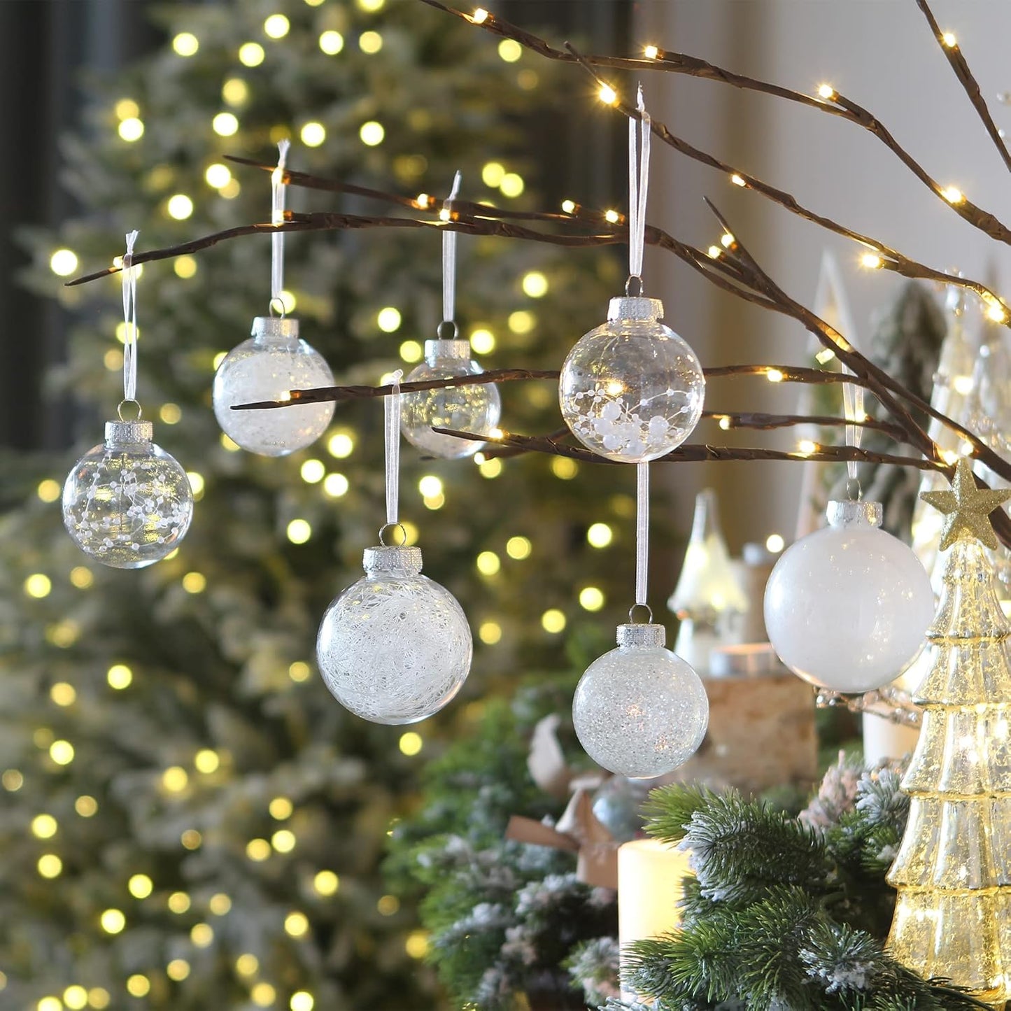 Sea Team 60mm/2.36" Shatterproof Clear Plastic Christmas Tree Ball Ornaments Set, Decorative Hanging Transparent Xmas Baubles with Stuffed Delicate Decorations (30 Counts, Champagne, Silver, White)
