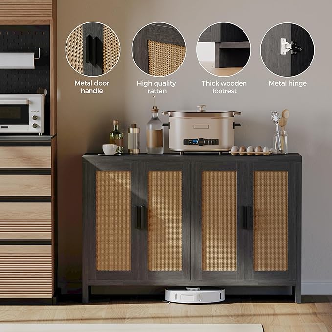 Mericonia Rattan Buffet Cabinet with Storage, Sideboard with Doors, Console Table, Farmhouse Coffee Bar, Modern Wood Long Cabinets (Brown Black)