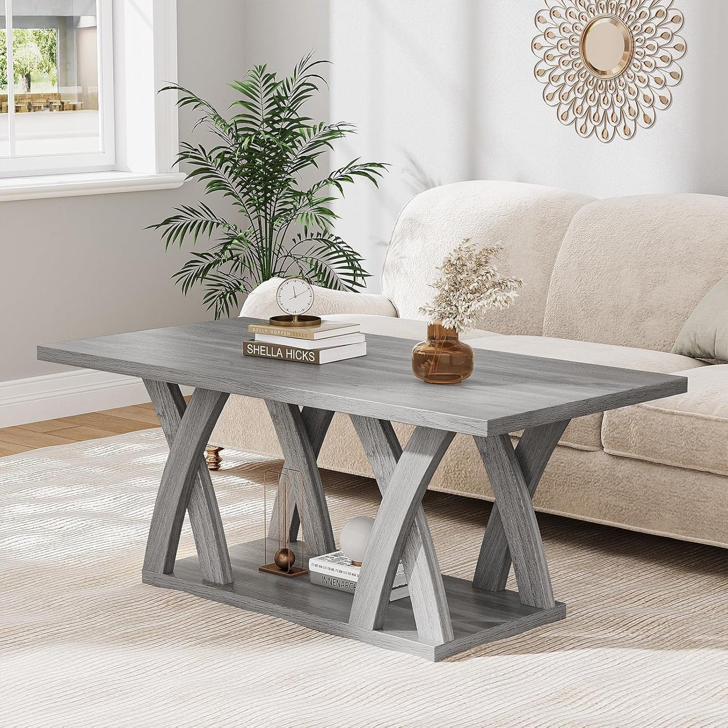 47” Wood Coffee Tables for Living Room Rustic Stands with Storage Shelf Grey Coffee Tables for Living Room Farmhouse Center Stands with Shelf Farmhouse Rectangle Center Table