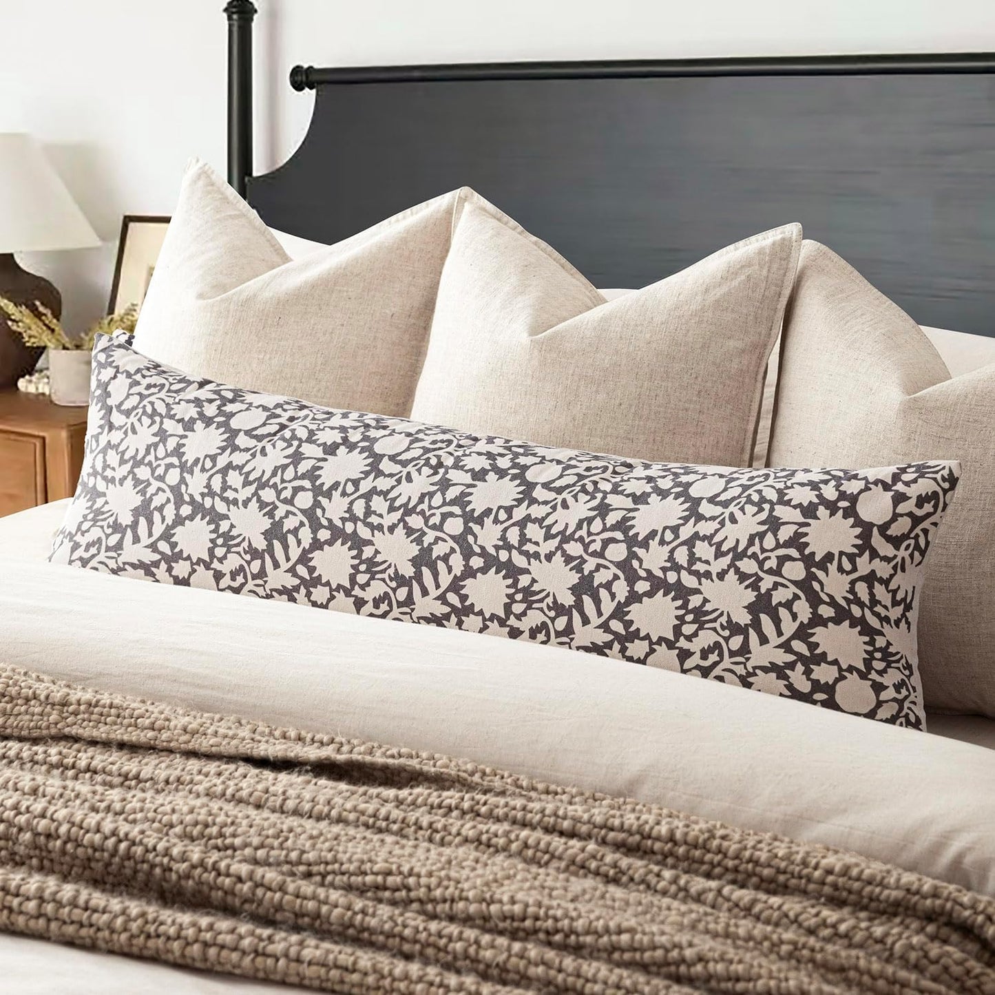 Foindtower Set of 2 Decorative Long Body Lumbar Throw Pillow Covers Accent Farmhouse Cushion Covers Boho Floral Pillowcase for Couch Sofa Bedroom Living Room Home Decor Outdoor,14×36 Inch,Rustic Gray