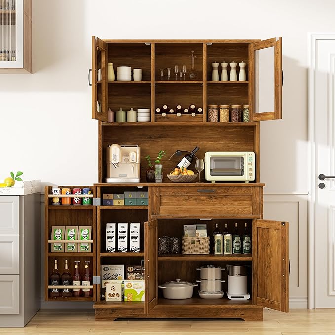 Shintenchi Kitchen Pantry Storage Cabinet, Freestanding Buffet Cabinet with Microwave Stand & 4 Door Shelves, Kitchen Hutch with Doors, Adjustable Shelves and Wine Rack, Brown