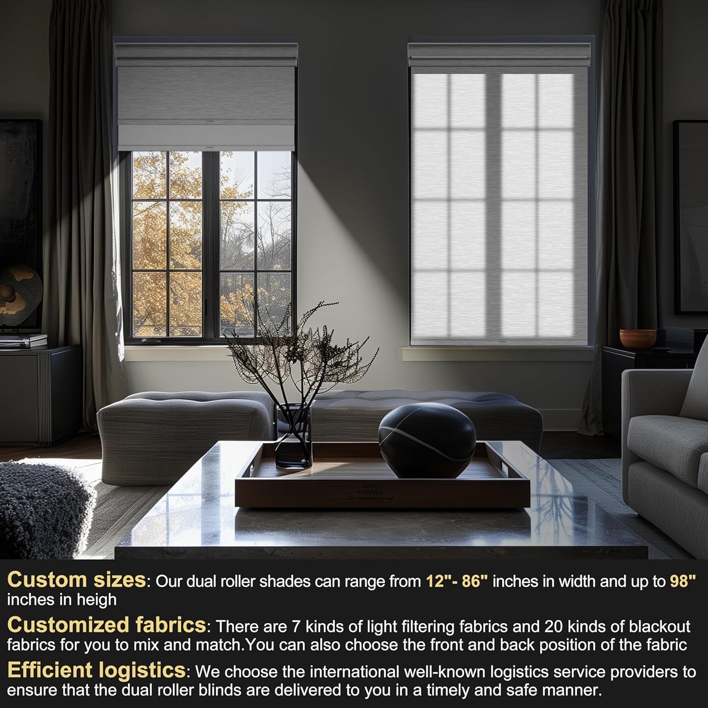 BERISSA Cordless Dual Roller Shades With Cassette Valance, Blackout and Light Filtering, Day and Night for Home Office Door - Striped Jacquard White, 30 W x 56" H