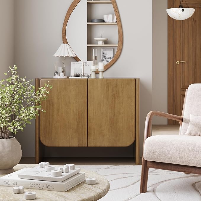 Nathan James Jacala Mid Century Modern Entryway Storage Cabinet with Doors, Living Room Accent Cabinet with Wood Frame, Light Brown