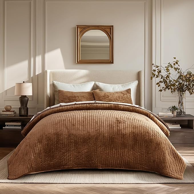 EVERGRACE Velvet Quilt Set Queen Size, Luxurious Soft Striped Channel Bedding Set, Lightweight Velvet Comforter for All Season, Oversized Bedspread Coverlet with 2 Matching Shams, Dark Brown
