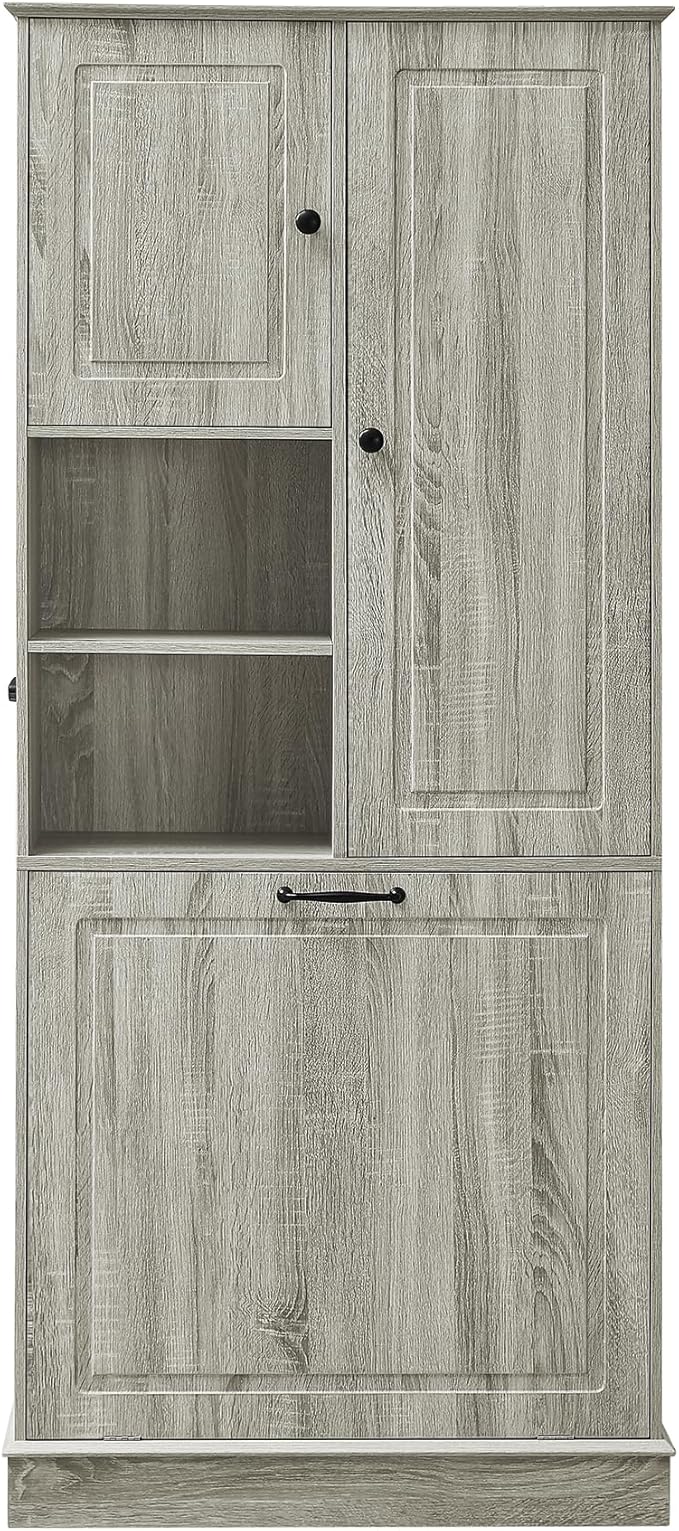 68" Tall Bathroom Storage Cabinet with Two Doors and Laundry Hamper for Home Display Organizer, Adjustable Shelf, Oak