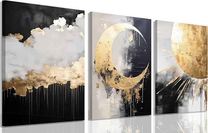 3Pcs Framed Black and Gold Abstract Canvas Wall Art Sun Moon And Cloud Posters Prints Maximalist Pictures Wall Decor For Living Room, Bedroom,bathroom Decoration