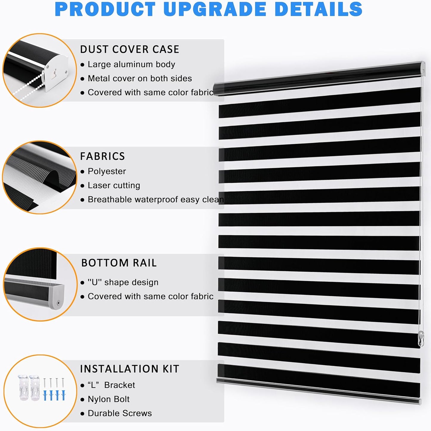 Blackout Zebra Blinds, Dual Layer Free-Stop, Room Darkening Zebra Shades, Blinds for Indoor Windows, Light Filtering Privacy Sheer Shade for Home(28" W X 72" H, Black)