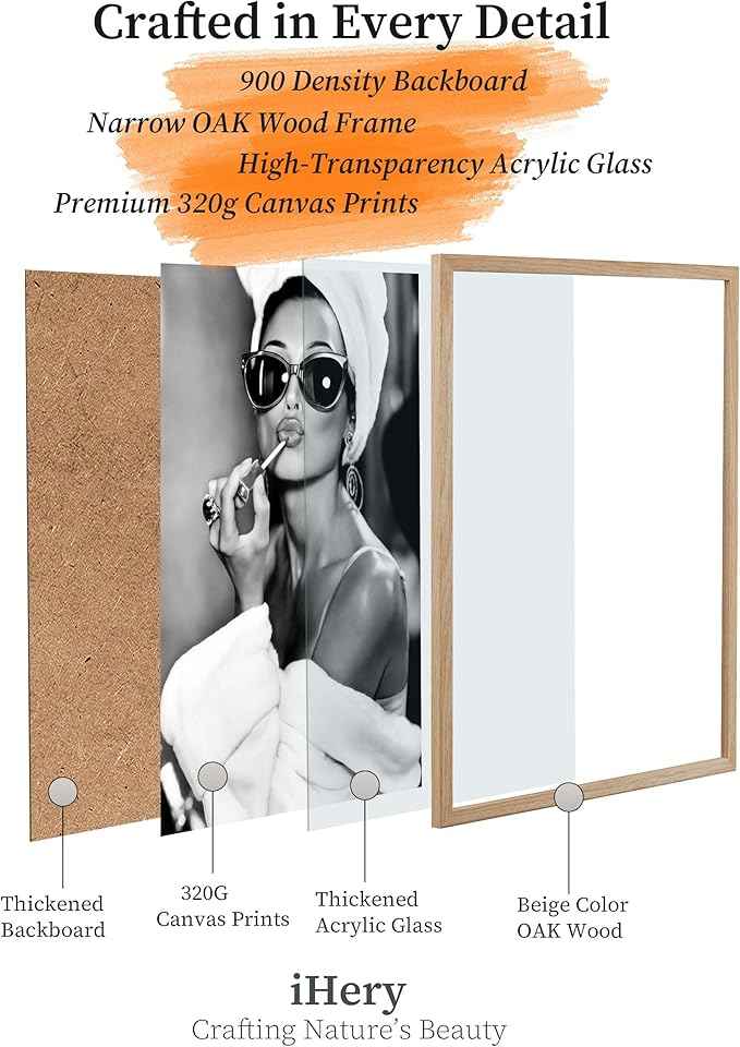 iHery Natural OAK Wood Audrey Hepburn Trendy Framed Wall Art, 12x16 in Vintage Canvas Bedroom Wall Decor, Beige Logs Retro Bathroom Art, Better Late Than Ugly, Set of 1 Apartment Girly Dorm Room