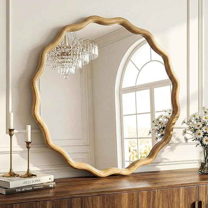 Round Wood Mirrors for Wall, 28" Boho Circle Wavy Mirror with Wooden Frame, Decorative Mirror with Tempered Glass, Natural Wooden Frame Vanity Mirror for Bedroom, Living Room, Entryway