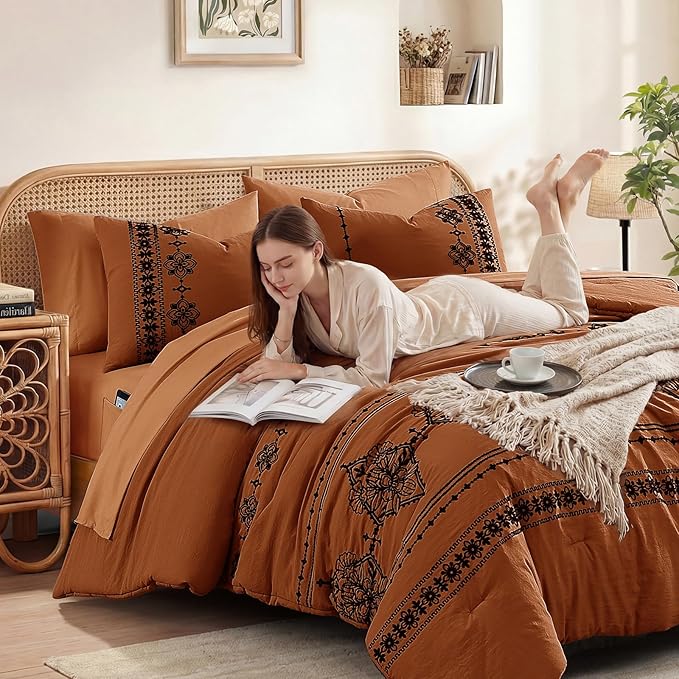 MaiRêve Queen Size Comforter Set Burnt Orange, Embroidery Floral Western Boho Bedding Set, All Season 7 Pieces Bed in a Bag with Sheets, Pillowcases & Shams