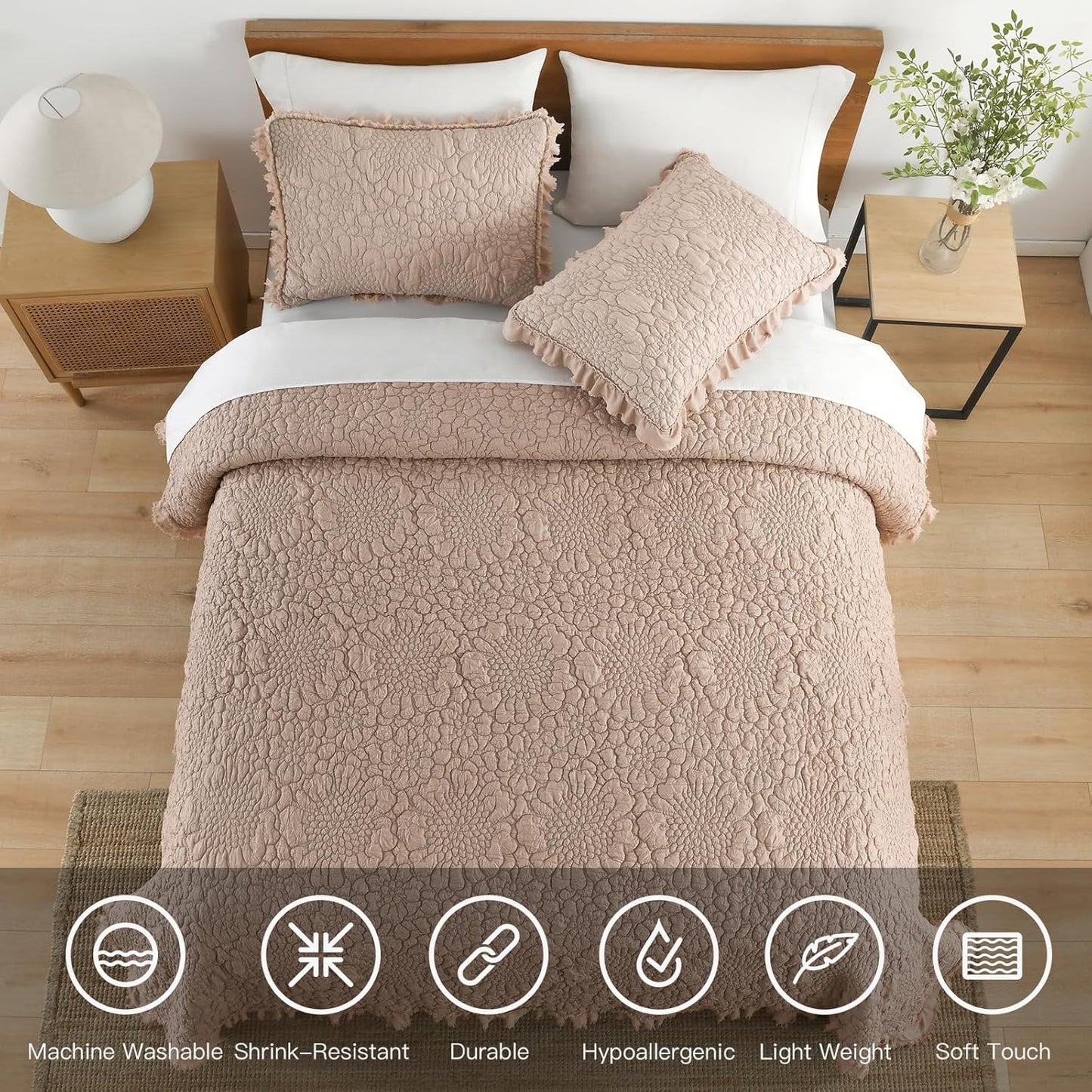 HORIMOTE HOME Pinkish Grey Ruffled Quilt King Size, Stone-Washed Lightweight Crinkled Farmhouse Rustic Shabby Chic Bedding Set, 3 Pieces Reversible Bedspread with Pillow Shams for All Season