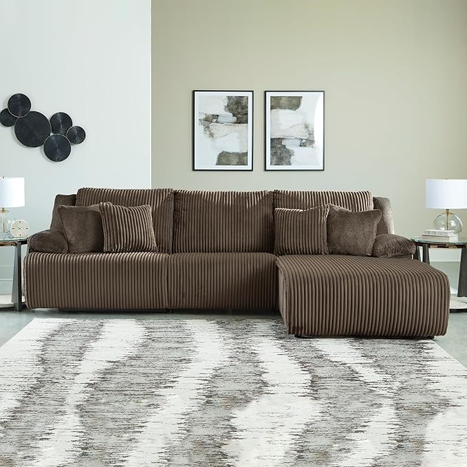 Signature Design by Ashley Top Tier Casual Manual Reclining Right-Arm Facing 3-Piece Sectional Sofa Chaise with 4 Accent Pillows, Dark Brown