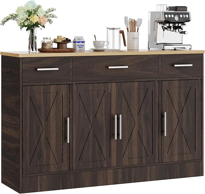 Shintenchi Buffet Cabinet with Storage,53.4" Large Kitchen Storage Cabinet with 3 Drawers and 4 Doors,Wood Farmhouse Buffet Sideboard with Adjustable Shelf for Kitchen Living Room, Brown