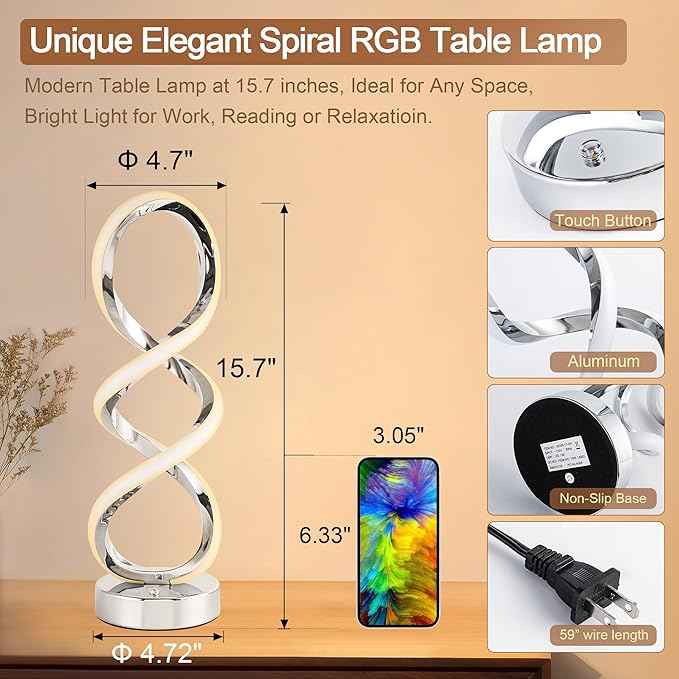 Modern Spiral RGB Table Lamp, Touch Dimmable Bedside Lamp, 7 Colors 10 Light Modes Spiral Design Table Lamp, Unique Nightstand Lamp for Living Room, Bedroom, Cool Lamps, Sliver, 2 Pack