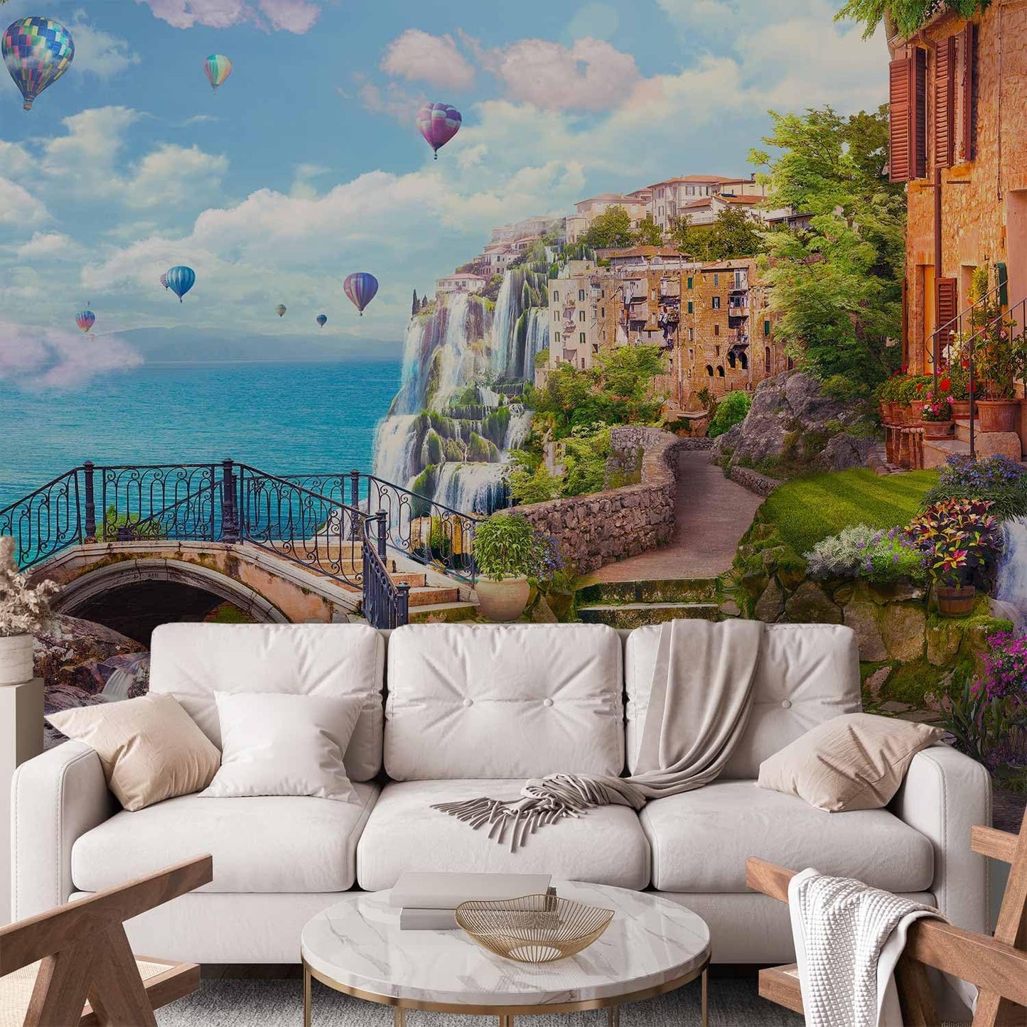 artgeist Premium Wall Mural Landscape 216x98 in - Non-Woven Photo Wallpaper Art Print Fleece Wall Mural Decoration Poster Baloons Waterfall Architecture Landscape Clouds c-B-10182-a-a