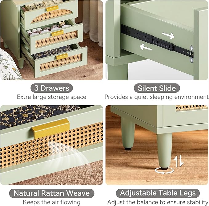 LITTLE TREE Rattan Nightstand Set of 2, Mint Green End Table with 3 Drawers for Couch, Wooden Bedside Table for Bedroom, Easy Assembly