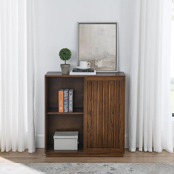 Ball & Cast 32" Mid Century Sideboard Cabinet with 2 Sliding Doors & Solid Wood Decorative Strips, Vintage Storage Cabinet with Outlet Hole for Living Room, Kitchen, Dining, Entryway, Hallway,Walnut
