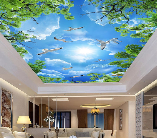 Sky Seagull Green Tree Ceiling 3D Wall Mural Wallpaper 178" x 117"