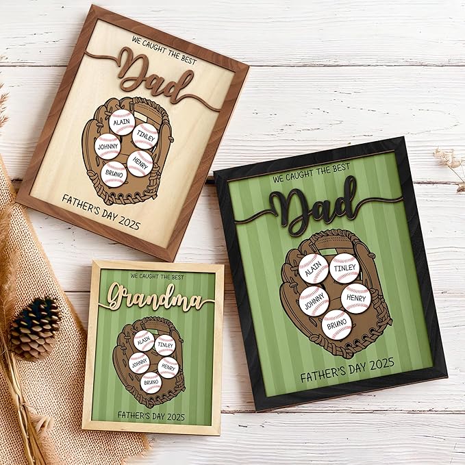 Personalized We Caught the Best Dad Baseball, Gifts Fathers Day from Son, Art Craft Family Keepsake Wood Frame Birthday Softball Gift for Dad Grandpa Daddy Papa, Family Memories Sign with Kids Names