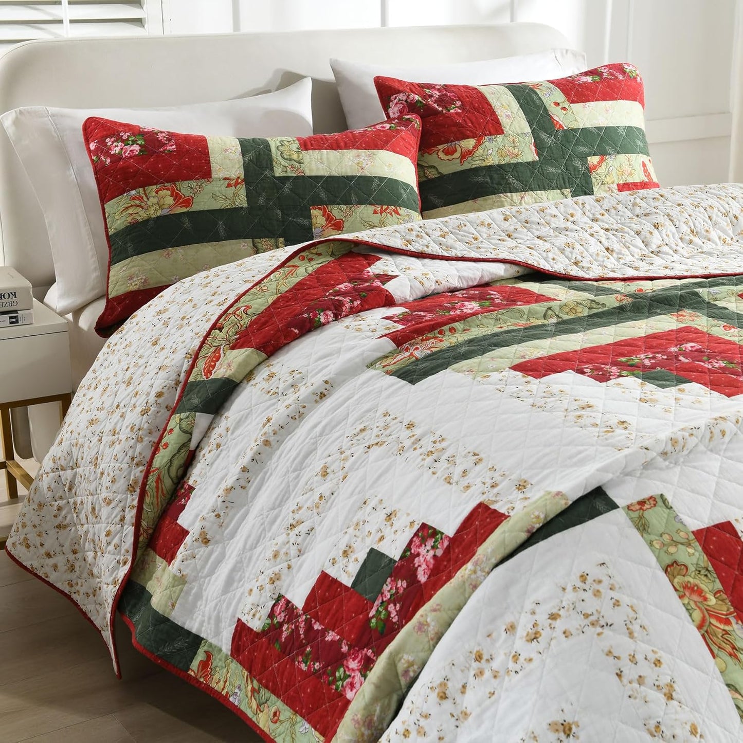 Secgo Handmade Quilted 100% Cotton Queen Comforter Set for Bed - 100% Cotton Quilts Queen Size, Black Bedspreads (90 * 96 Inch) with 2 Pillow Shams, Patchwork Reversible Lightweight Bedding