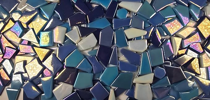 Irregular Glass Mosaic Tiles Bulk 500g Glossy and Iridescent Mosaic Glass Tiles for DIY Projects and Arts and Crafts Solid Colors and Mixes (Iridescent Dark Blue, Periwinkle & Sky Blue Mix)
