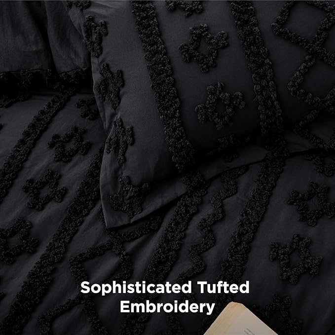 Bedsure Tufted Boho Comforter Set Queen Size - Black Boho Bed Set, GentleSoft™ 3 Pieces Farmhouse Shabby Chic Embroidery Bedding, Gifts for Woman, Soft Jacquard Queen Comforter for All Seasons