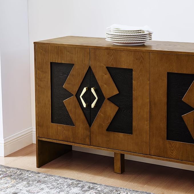 Ball & Cast 60" Mid Century Modern Sideboard Buffet Cabinet with Storage, Credenza & Media Console w/Geometric Pattern Doors & Adjustable Shelves for Living Room,Kitchen Coffee Bar,Entryway,Walnut