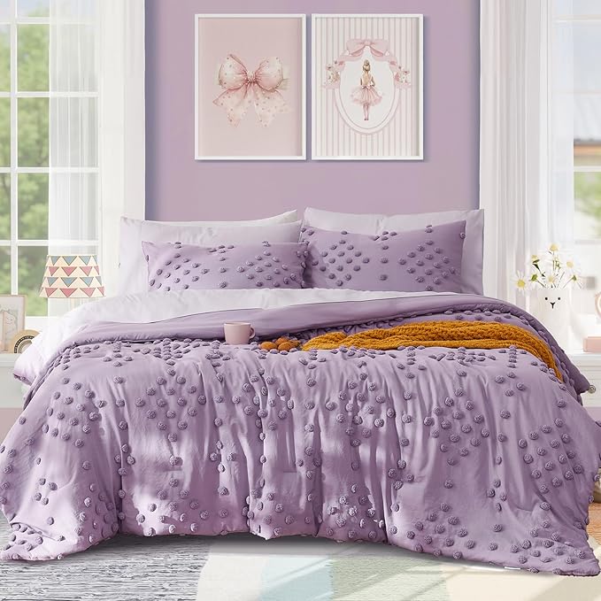 Geniospin Purple Full Comforter Set for Girls- 7 Pieces Pom Tufted Bed in A Bag Full Bedding Sets with Sheets, Pillowcases & Shams, All Season Kids Comforter Set