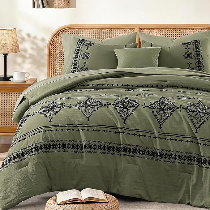 MaiRêve King Size Comforter Set Olive Green, Embroidery Floral Western Boho Bedding Set, All Season 7 Pieces Bed in a Bag with Sheets, Pillowcases & Shams